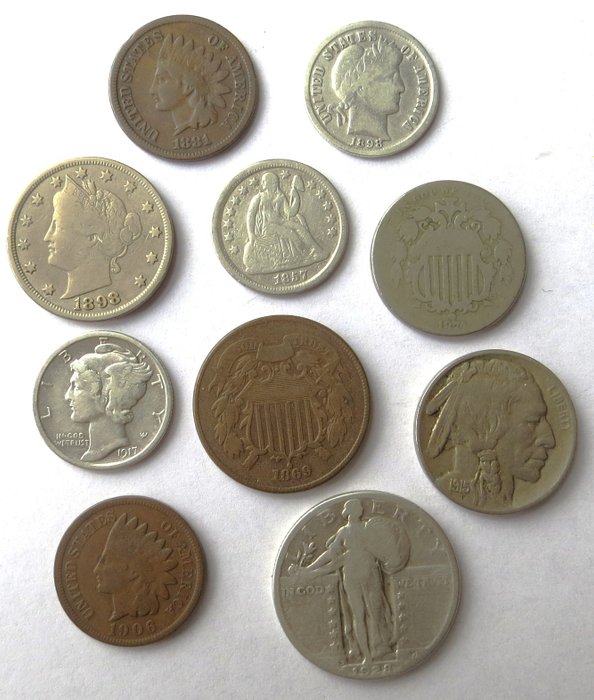 美國. An interesting 10-piece collection of older American, incl. Seated Liberty, Barber coinage  (沒有保留價)
