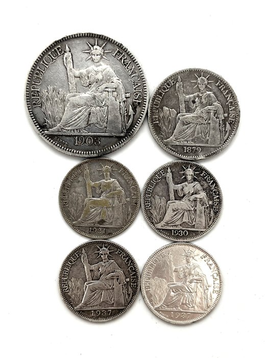 法屬印度支那. Lot de 6 monnaies en argent (20 Centièmes à 1 Piastre) 1879/1937  (沒有保留價)