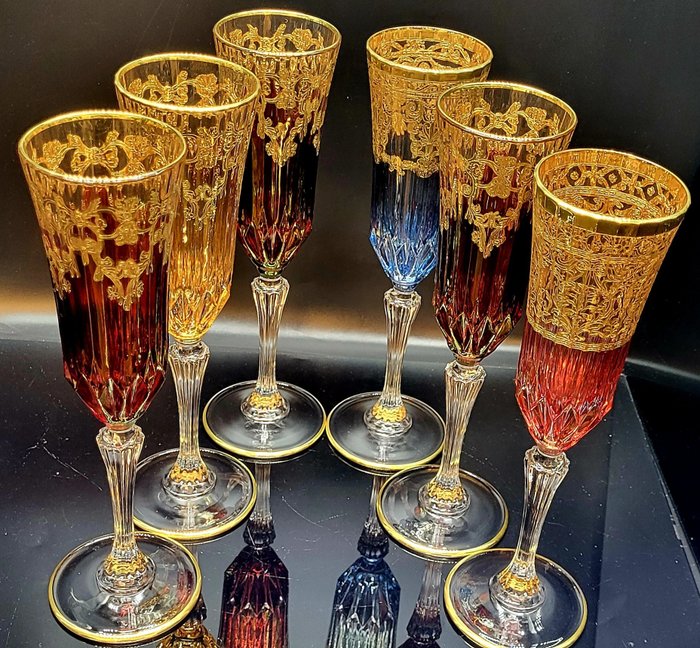 antica bottega veneta - Conjunto de copos de bebidas diversas (6) - luxo jóias inestimáveis flauta em ouro - .999 (24 kt) ouro, Cristal