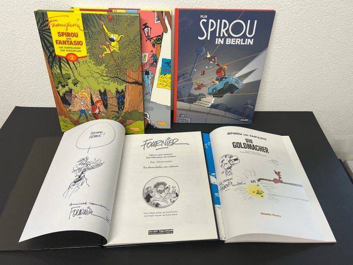 Spirou Paket mit Signatur und / oder Originalzeichnung - Spirou in Berlin mit Zeichnung von Flix - - Fournier Buch (231/250) mit Zeichnung von Fournier - Spirou und Fantasio Integral Buch 2 und 3 - 5 Commission Drawing, Signed comic