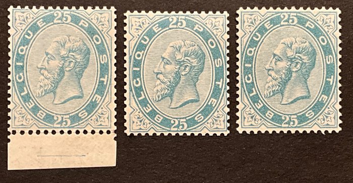 Bélgica 1883/1945 - Leopold II 25c Azul Claro - REPRINT em 3 nuances distintas - OBP 40