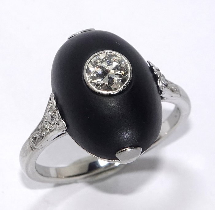 Ring - 14 karat Hvidguld -  7.85 tw. Diamant  (Natur) - Onyx 