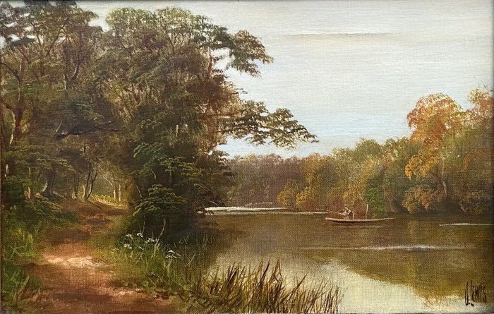 James Isiah Lewis (1861-1934) - A lone angler on a river