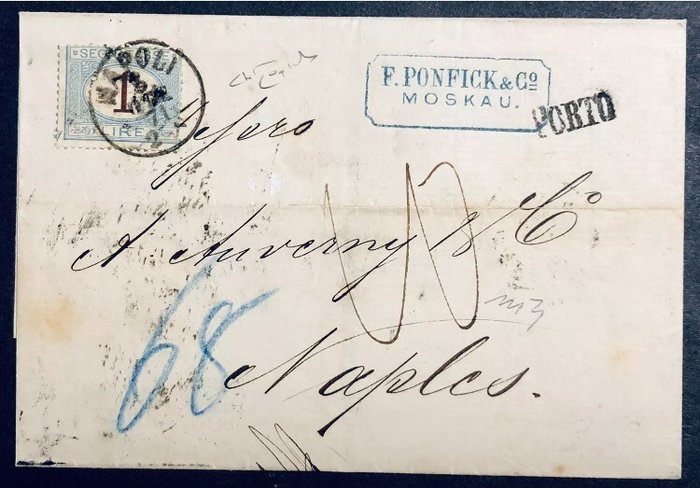 Italia - Reino  - Reino 2 liras con franqueo debido a Nápoles 1871 carta de Rusia Moscú rara firma de Raybaudi
