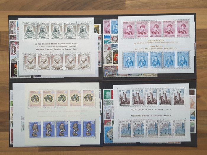 Monaco 1974/1977 - 4 hela år av frimärken med flygpost, souvenirark och förinställda - Yvert 953 à 1124 sans les timbres non émis, PA 97 à 99, BF 8 à 13, Préo 34 à 49
