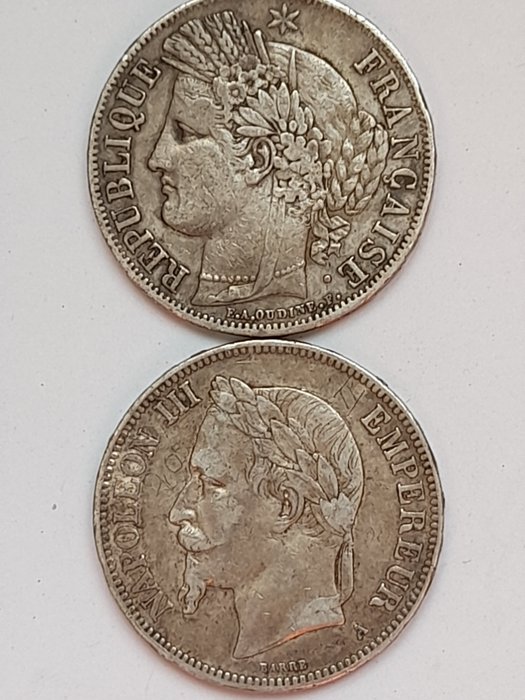 Frankreich. 5 Francs 1849-A et 1870-A (lot de 2 monnaies)  (Ohne Mindestpreis)