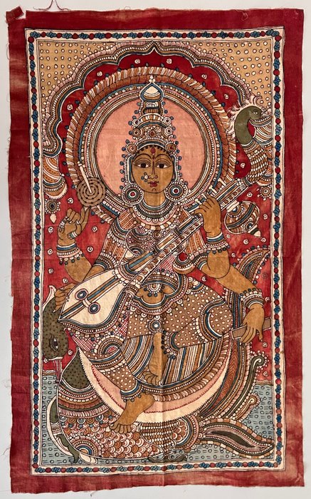 描绘萨拉斯瓦蒂 (Sarasvati) 的 Kalamkari 纺织品 - 棉 - 印度 - 20世纪