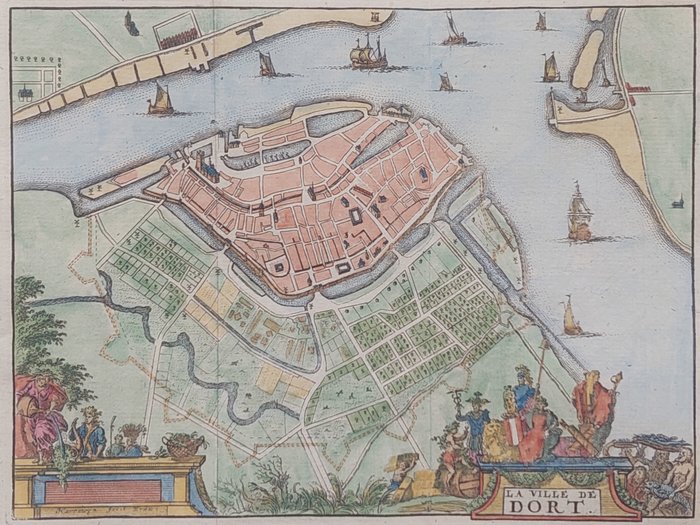 Países Bajos, Plano urbano - Dordrecht; J. Harrewijn - La ville de Dort - 1743