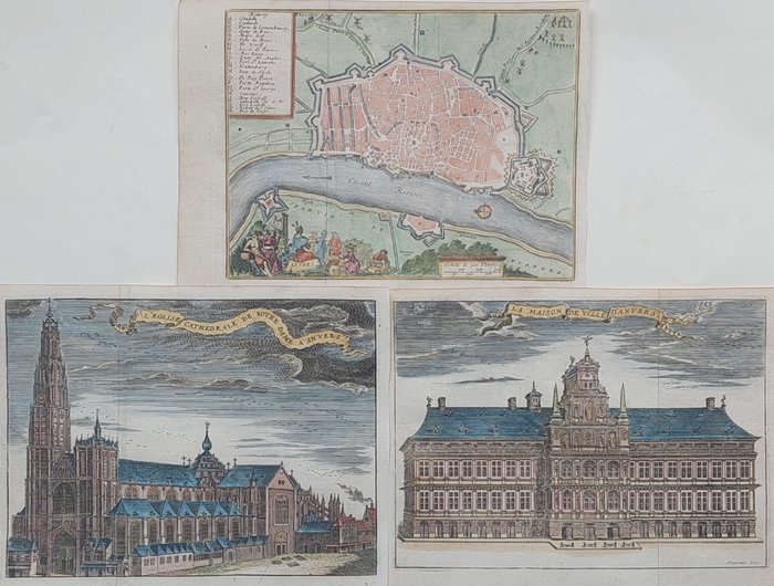 Europa, Stadsplan - Belgien / Antwerpen; Jacobus Harrewijn - 3 kopergravures; ´Anvers´, ´La maison de Ville..´ & ´LÉglise Cathedrale Notre Dame´ - 1743