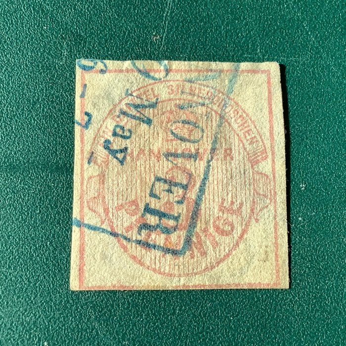 漢諾威 1853 - 3 個帶有藍色 K2 印章的 Pf 徽章 - Michel 6