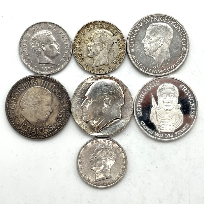 França, Mónaco, Noruega, Portugal, Suécia. Lot de 7 monnaies en argent 1891/1996  (Sem preço de reserva)