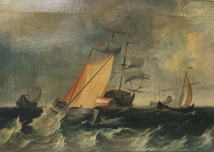 Hollandse School (XIX) - "Handelsschepen op woeste zee"