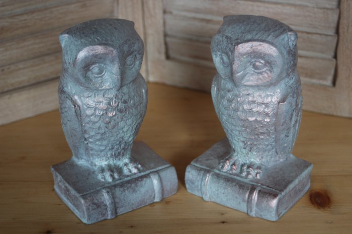 Bookends (2) - Owls Bronze green patinated - Plaster