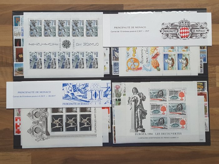 Mónaco 1991/1994 - 4 años completos de sellos vigentes con hojas de recuerdo, sellos precancelados y folletos - Yvert 1753 à 1970 sans les timbres non émis, BF 52, 57, 61, 65, Préo 110 à 113 et carnets 7 à 8