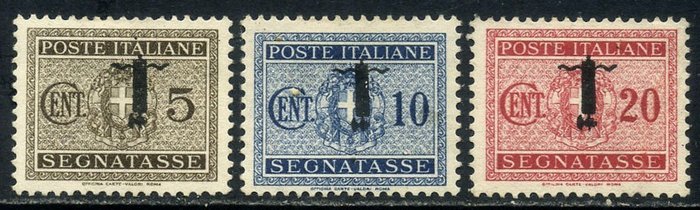 Italia 1944 - Segnatasse 5, 10 e 20 centesimi  "fascetto" con la soprastampa capovolta. Periziati - Sassone T60/62a