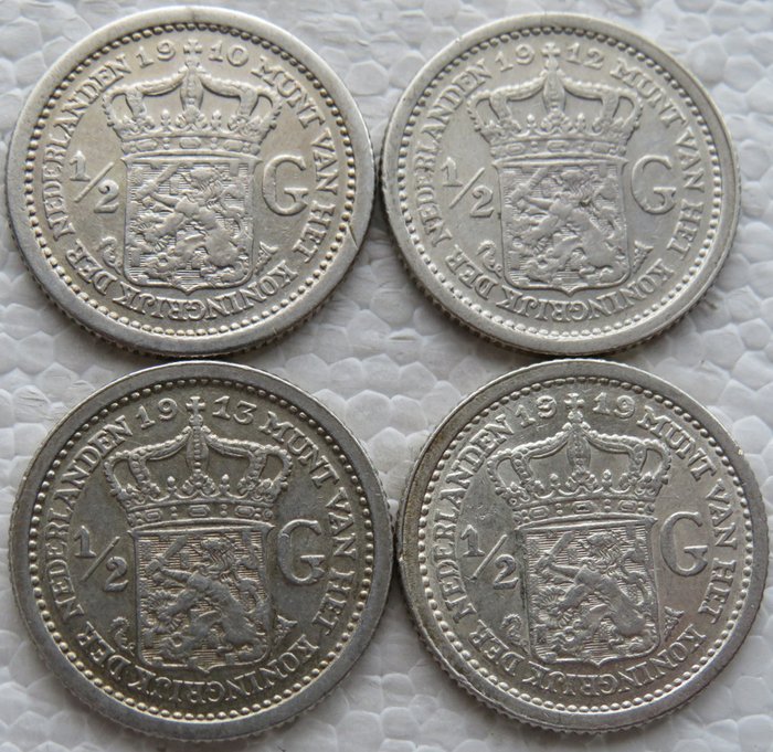 Netherlands. Wilhelmina (1890-1948). 1/2 Guldens 1910-1912-1913-1919 (4 stuks)  (No Reserve Price)