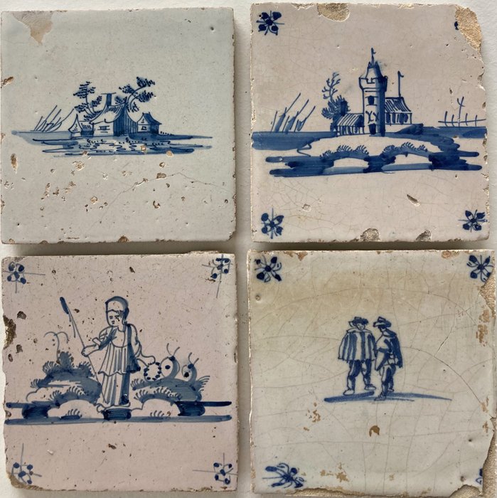 Πλακάκι - Αντίκες μπλε πλακάκια Delft που απεικονίζουν βοσκό, κάστρο, φάρμα και παιδικά παιχνίδια - 1700-1750 