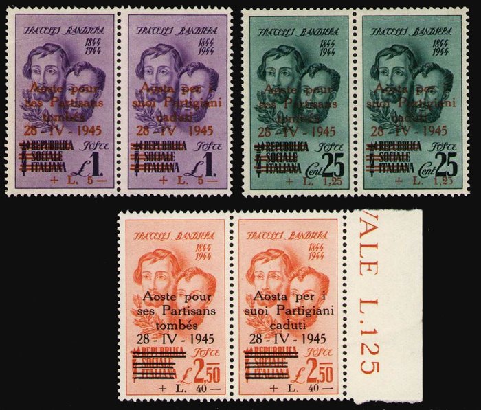 Italia - Julian Venetia 1945 - CLN Aosta. Fratelli Bandiera, 6 postimerkkiä, joissa päällepainatus italiaksi ja ranskaksi - CEI N. 4/6