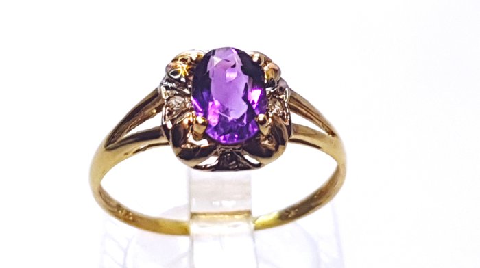 沒有保留價 - 戒指 復古戒指金 9kt 紫水晶/鑽石 紫水晶 - 鉆石 