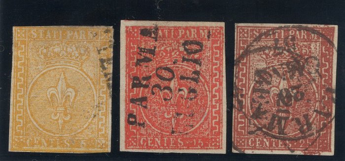 Italian Ancient States - Parma 1853 - Parma | 2nd am. Complete series | Used | Various signatures - Sassone ASI n. 6/8