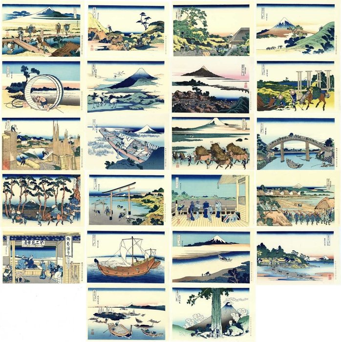 22 reprints from the series ”Fugaku sanjūrokkei” 富獄三十六景 (Thirty-six Views of Mt Fuji) - Katsushika Hokusai (1760-1849) - Published by Yuyudo - 日本