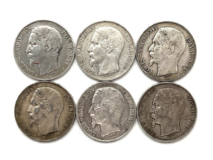 法国. Second Republic (1848-1852). 5 francs 1852-A Louis-Napoleon Bonaparte (lot de 6 monnaies)  (没有保留价)