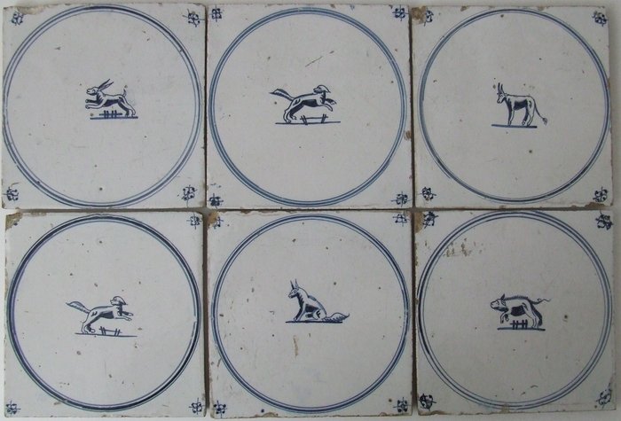 Azulejo - 6 piezas de Springertjes, incluido un cerdo - 1700-1750 