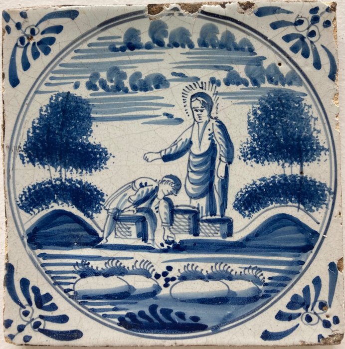 Azulejo - Raro y antiguo azulejo bíblico azul de Delft con cestas llenas de fruta - 1700-1750 