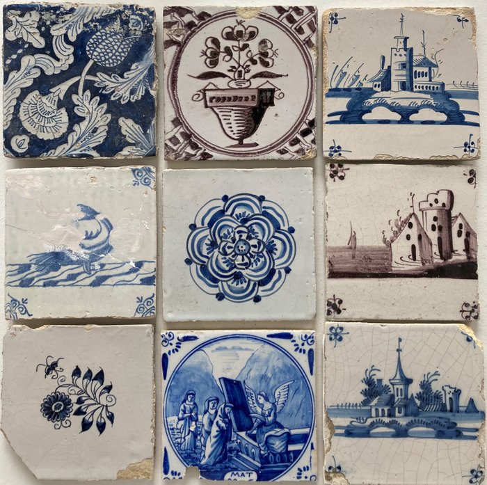 瓦 - 代尔夫特蓝色瓷砖，三朵郁金香、弗里斯兰花、城堡和弗里斯兰花（免费竞标） - 1600-1650年 