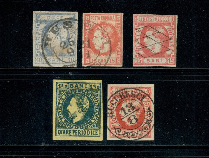 România 1868/1870 - Selecție de 5 timbre clasice, inclusiv timbru Tax Ziar cu diverse anulări.