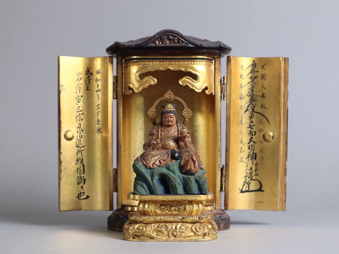 Benzaiten 弁財天 Statue by Asako Shukei 浅子周慶 with Zushi Altar Cabinet and Pedestal - 木 - 日本