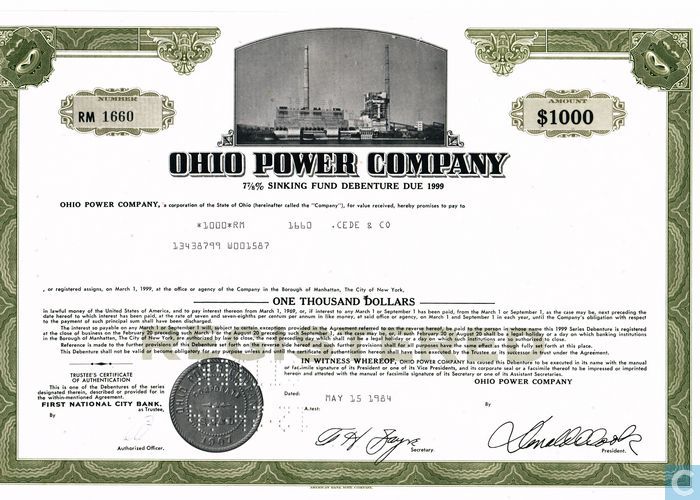 Ohio Power Company Certificate Of 1 000 7 7 8 Sinking