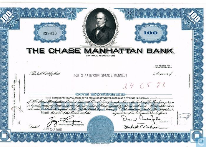 The Chase Manhattan Bank Certificate For 100 Shares The